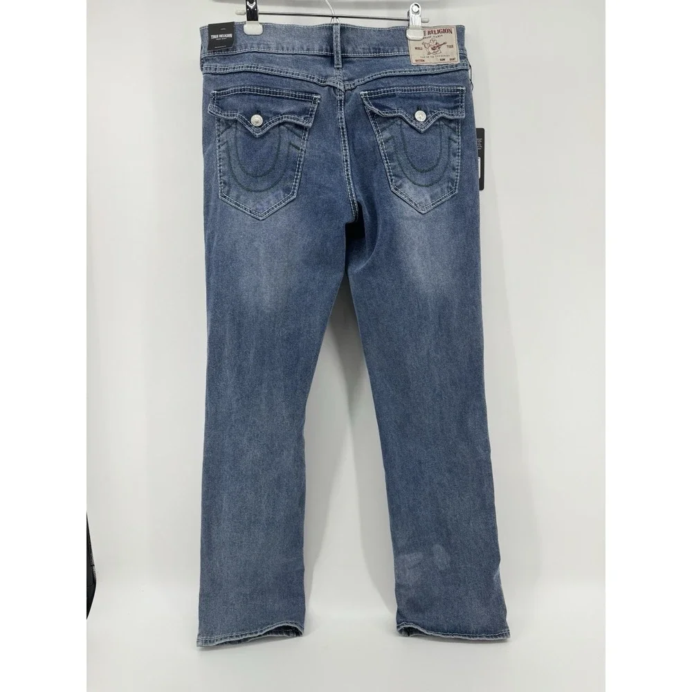 True Religion Ricky 34X34 Big T Flap Straight Mens Jeans Light Pacific Wash $199